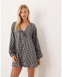 ASOS - V Neck Tie Bust Mini Dress With Volume Sleeve - Lyst