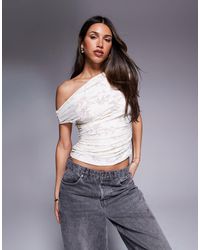 ASOS - Devore Texture Gathered Short Sleeve Off Shoulder Mesh Top - Lyst