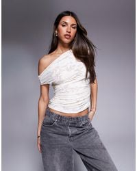ASOS - Flocked Mesh Texture Gathered Short Sleeve Off Shoulder Mesh Top - Lyst