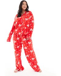 Loungeable - Curve Super Soft Jersey Camp Collar Top And Wide Leg Pants Pajama Set - Lyst