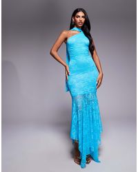 Kaiia - Exclusive Double-layered Slinky Lace Asymmetric Scarf Neck Sheer Hem Maxi Dress - Lyst