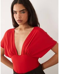ASOS - Diepuitgesneden Body Van Polyamide Met Gedrapeerde Mouwen - Lyst