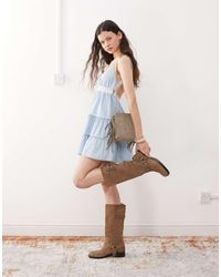 Miss Selfridge - Denim Mini-Jurk Met Stroken En Kanten Inzetstuk - Lyst