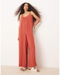 ASOS - Mono Largo Color Óxido Con Cuello Ancho Y Detalle De Lazadas Trenzadas De Tejido Doble De -Rojo - Lyst