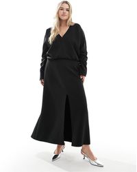 ASOS - Asos Design Curve V Neck Long Sleeve Blouson Midi Dress With Front Split - Lyst