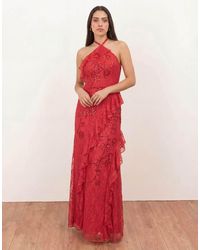 Maya - Embellished Halter Neck Lace Maxi Dress - Lyst