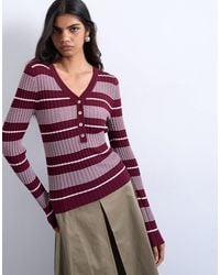 TOPSHOP - Knitted V Neck Striped Long Sleeve Top - Lyst