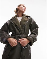 TOPSHOP - Faux Leather Bonded Borg Trench Coat - Lyst