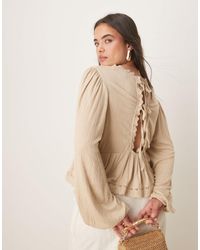 ASOS - Asos Design Curve Crinkle Long Sleeve Tie Back Embroidered Hem Top - Lyst