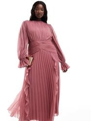 ASOS - Vestido Largo Rosa Negruzco Con Cuello Alto, Diseño Fruncido Y Detalle De Cinturón De Asos Design Curve - Lyst