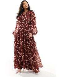 ASOS - Asos design curve - robe longue boutonnée à fleurs avec corsage froncé et volants - rouge - Lyst
