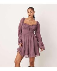 ASOS - Asos Design Tall Dobby Milkmaid Long Sleeve Shirred Waist Mini Dress - Lyst