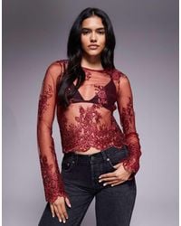 ASOS - Embroide Long Sleeve Sheer Scalloped Hem Top - Lyst