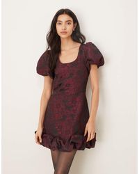 Sister Jane - Jacquard Puff Sleeve Scoop Neck Ruffle Hem Mini Dress - Lyst