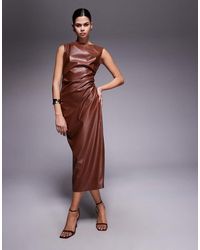 ASOS - Sleeveless Ruched Leather Look Midi Dress - Lyst