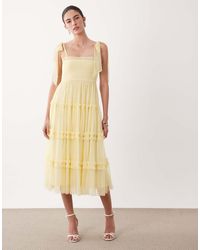 LACE & BEADS - Tulle Bow Shoulder Shirred Ruffle Midi Dress - Lyst