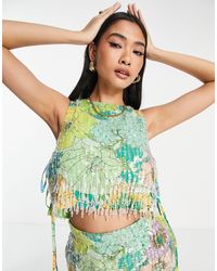 ASOS Bright Floral Print And Sequin Crop Top With Fringe - Green