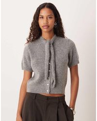 Mango - Wool Mix Tie Neck Short Sleeve Cardigan - Lyst