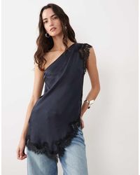 Mango - One Shoulder Sleeveless Asymmetric Satin Top With Lace Trim - Lyst