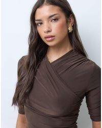 Kaiia - Exclusive Double Sculpted Slinky Wrap Front Detail 3/Sleeve Top Co-Ord - Lyst