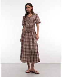 Daisy Street - Shirred Drop Waist Midi Dress With Puff Sleeves And Tie Front - Lyst