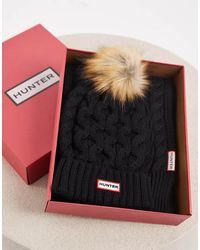 HUNTER - Kabelgebreide Beanie Met Pompon En Sjaalset - Lyst