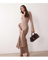 Kaiia - Exclusive Knitted V Neck Flare Sleeve Knot Drape Waist Detail Maxi Dress - Lyst