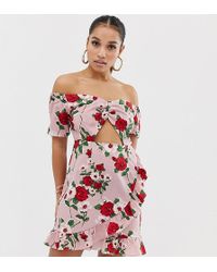 Boohoo Bardot Mini Dress With Cut Out Detail In Pink Floral