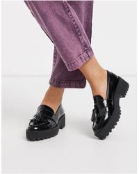 black leather chunky loafers womens