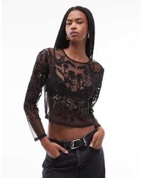 AllSaints - Greta Embellished Mesh Long Sleeve Top - Lyst