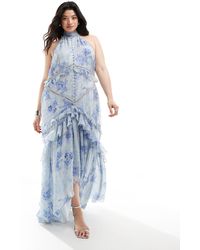 ASOS - Asos design curve - robe longue volantée dos nu avec empiècements en dentelle et bordures festonnées - imprimé fleurs vintage - Lyst