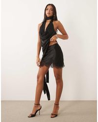 Bardot - Liora Satin Mid Rise Lace Hem Mini Skirt - Lyst