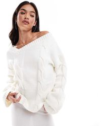 SNDY'S - Maglione Premium Asimmetrico Lavorato A Trecce Con Scollo A V Color Crema - Lyst