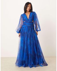 LACE & BEADS - Plunge Drop Hem Tulle Maxi Dress - Lyst