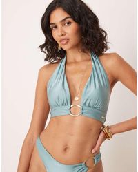Tala - Halter Plunge Gold Ring Bikini Top - Lyst