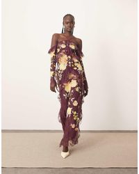 ARRANGE - Geborduurde Maxi Jurk Met Kant, Halternek, Blote Schouders En Ruches - Lyst
