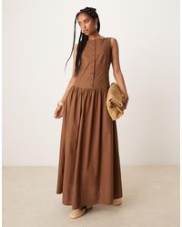 ASOS - Vestito Lungo Color Cioccolato Con Vita Scesa, Bottoni E Scollo A Barchetta - Lyst