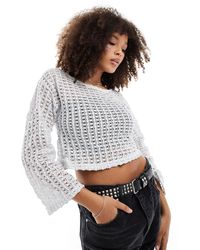Pieces - Festival Two Tone Crochet Wide Sleeve Top With - Lyst