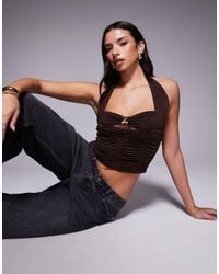 Tiger Mist - Briallen Halterneck Gold Hardware Keyhole Detail Ruched Crop Top - Lyst