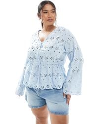 Pieces Plus - Pieces Curve Button Front Tie Waist Broderie Top - Lyst