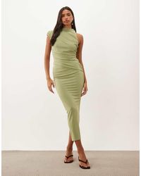 ASOS - High Neck Asymmetric Ruched Midi Dress - Lyst