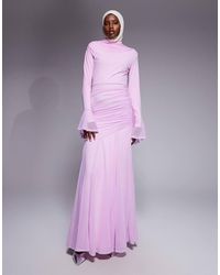 ASOS - Stretch Chiffon Ruched Draped Waist Maxi Dress With Fluted Sleeve - Lyst