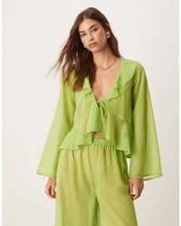 esmé studios - Esmee Exclusive Mesh Long Sleeve Beach Crop Top Co-ord With Ruffle Detail - Lyst