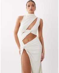 Noughts & Kisses - Textured High Neck Cut-out Thigh Slit Maxi Dress - Lyst