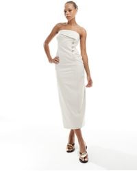 4th & Reckless - Linen Blend Bandeau Foldover Gold Button Detail Maxi Dress - Lyst