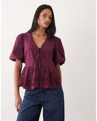 Nobody's Child - Aries Puff Sleeve Bow Detail Embroidered Blouse - Lyst