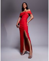 Vesper - Bengaline Deep Bardot Cinch Detail Side Split Maxi Dress - Lyst