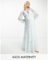 ASOS - Asos Design Maternity Exclusive Long Sleeve Skater Tiered Maxi Dress With Cut Out Waist And Tie Detail - Lyst