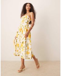 Mango - Ruched Detailed Floral Print Midaxi Dress With Structured Bodice - Lyst