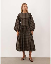 Ghospell - Tamara Cotton Round Neck Blouson Sleeve Midi Dress - Lyst